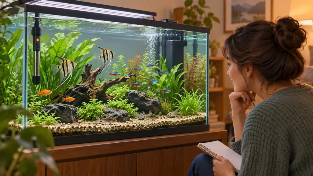 Illustration of an aquarist reviewing a planted aquarium and equipment
