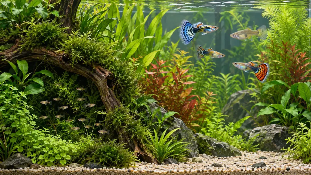 Illustration of fish using separate swimming areas in a planted aquarium