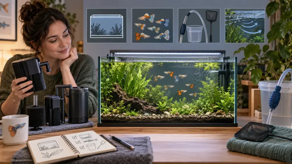 Illustration of a keeper planning aquarium equipment and watching a fish group