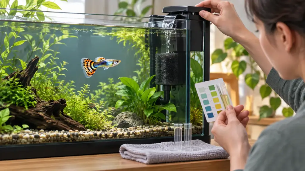 Illustration of a keeper adjusting an aquarium filter and checking water