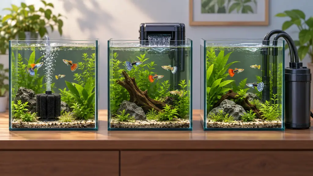 Illustration comparing sponge, hang-on-back and canister aquarium filters