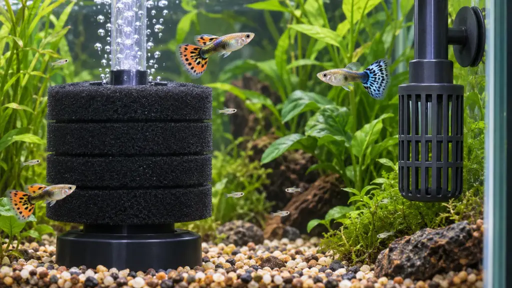 Illustration of a protected filter intake in a planted guppy aquarium