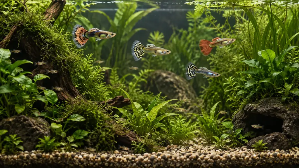Illustration of small guppies among dense plants with open swimming space