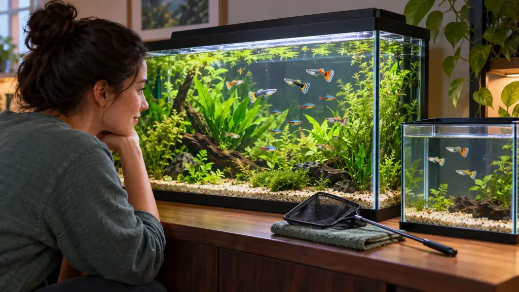 Illustration of a keeper observing a healthy aquarium and noting fish behavior
