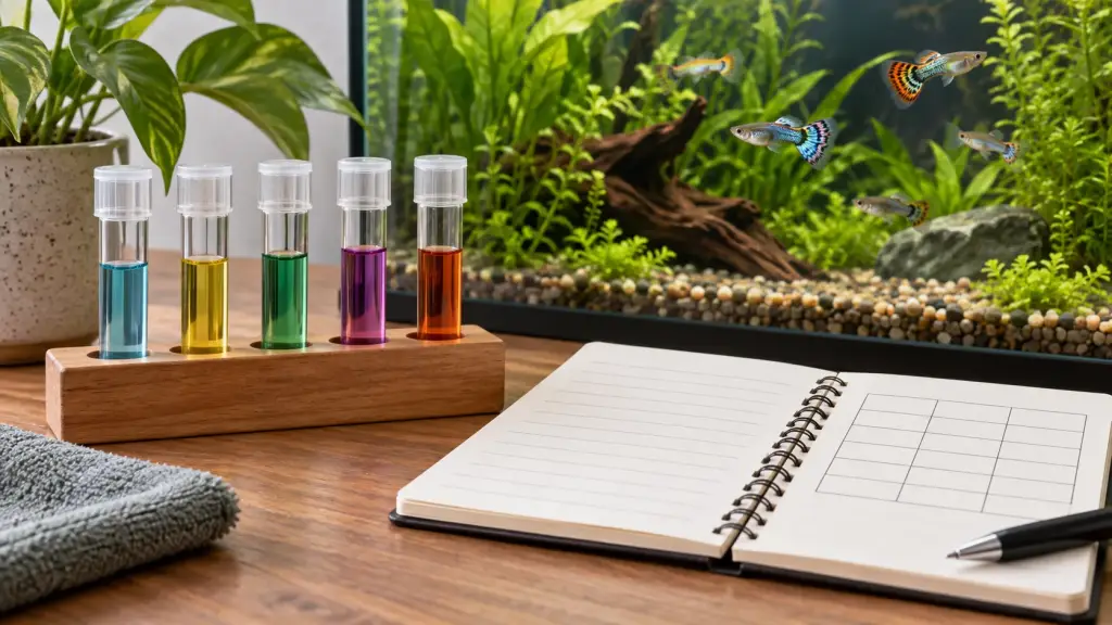 Illustration of aquarium water test tubes beside a blank observation log