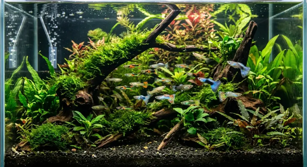 Endlers and guppies in a planted community tank