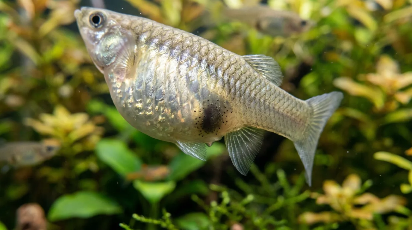 Close-up of a pregnant guppy's dark gravid spot above the anal fin