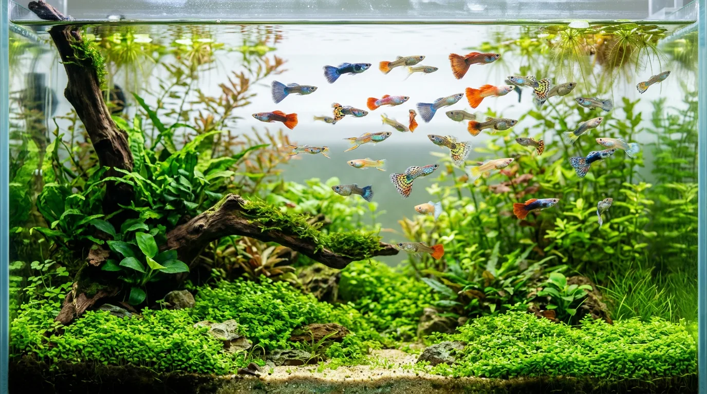 Large group of colorful fancy guppies swimming in a spacious planted community aquarium
