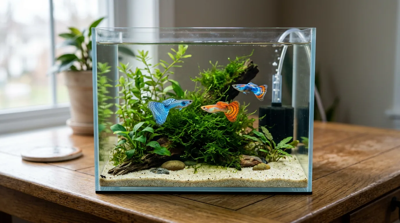 Three male fancy guppies in a small 5 gallon nano aquarium with java moss