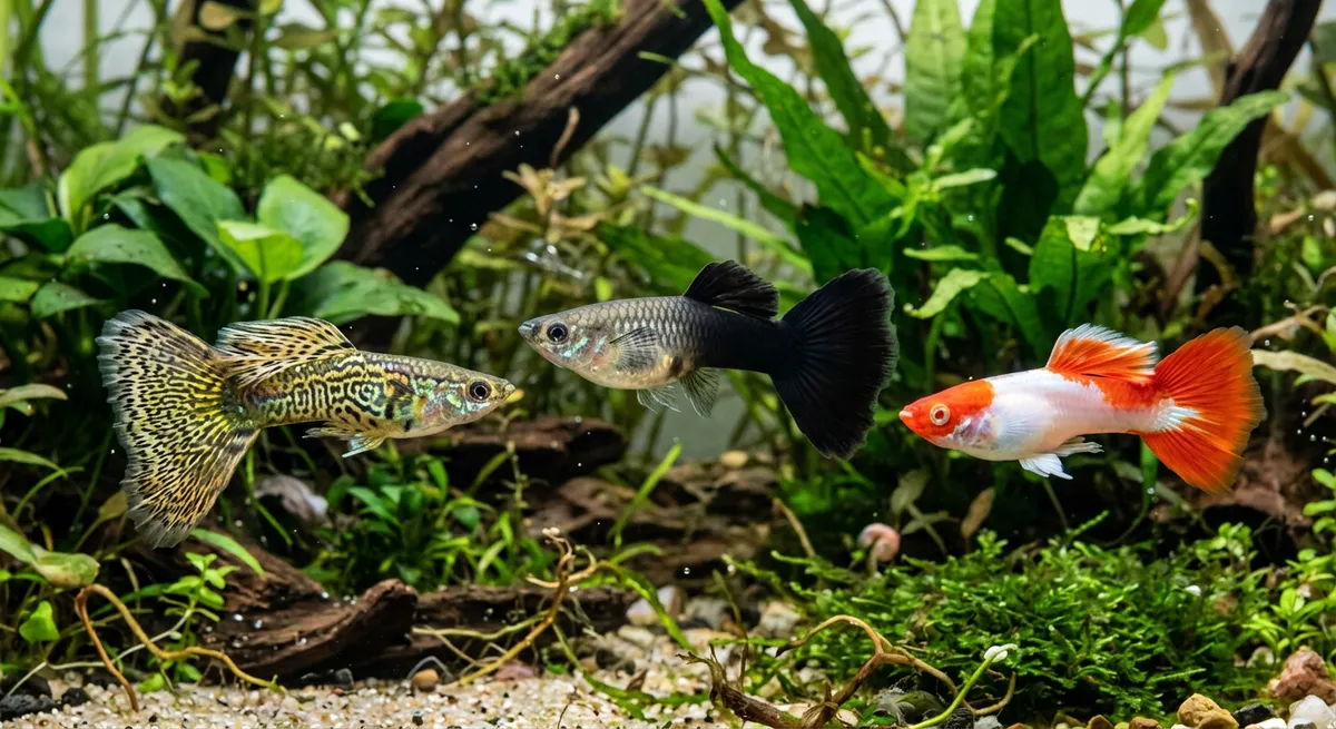 King Cobra, Tuxedo and Koi guppy body patterns