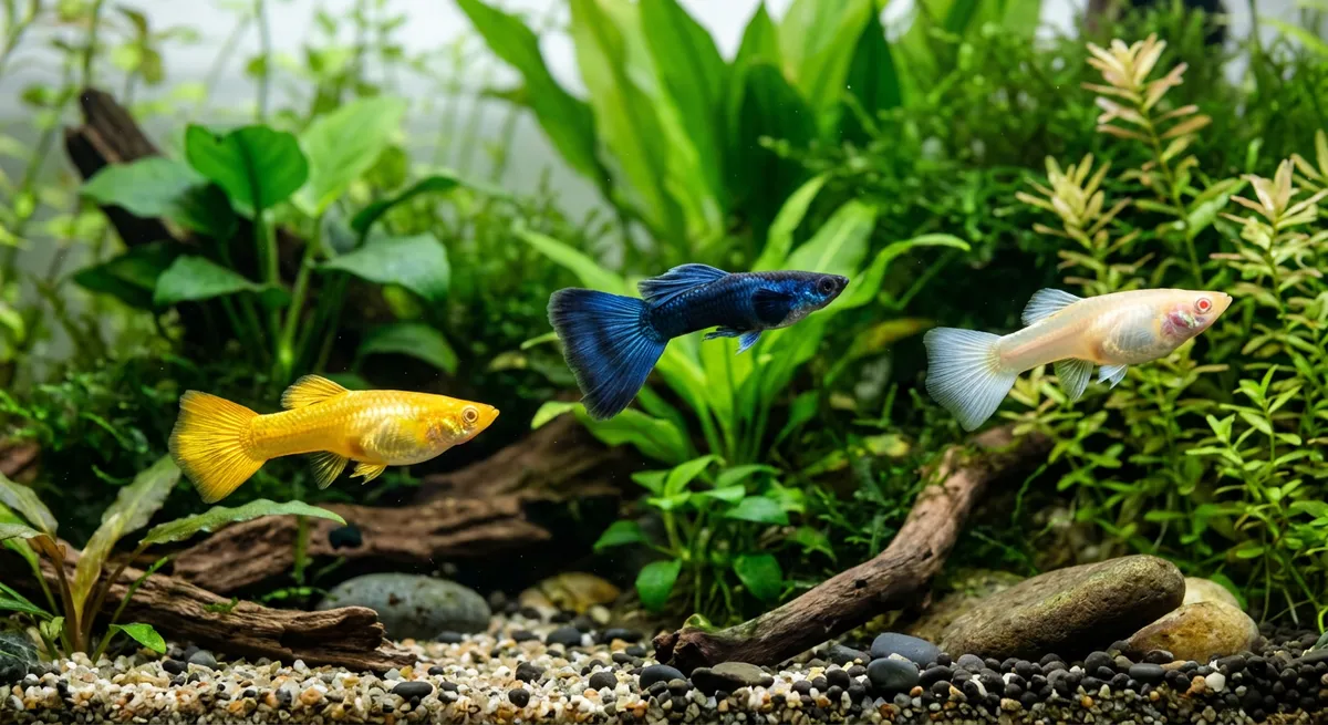 Full gold, Moscow blue and albino guppies