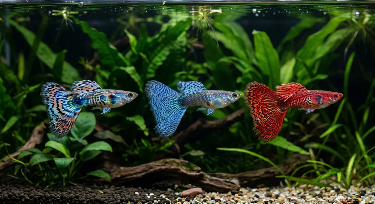 Guppy tail pattern types: mosaic, grass and lace tails