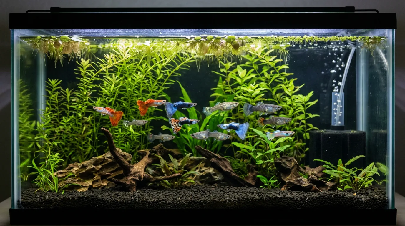 How many guppies per gallon: a balanced group of fancy guppies in a 20 gallon planted tank