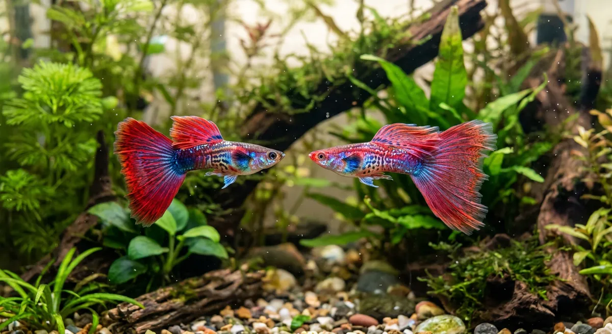 Delta and veiltail guppies with broad tails