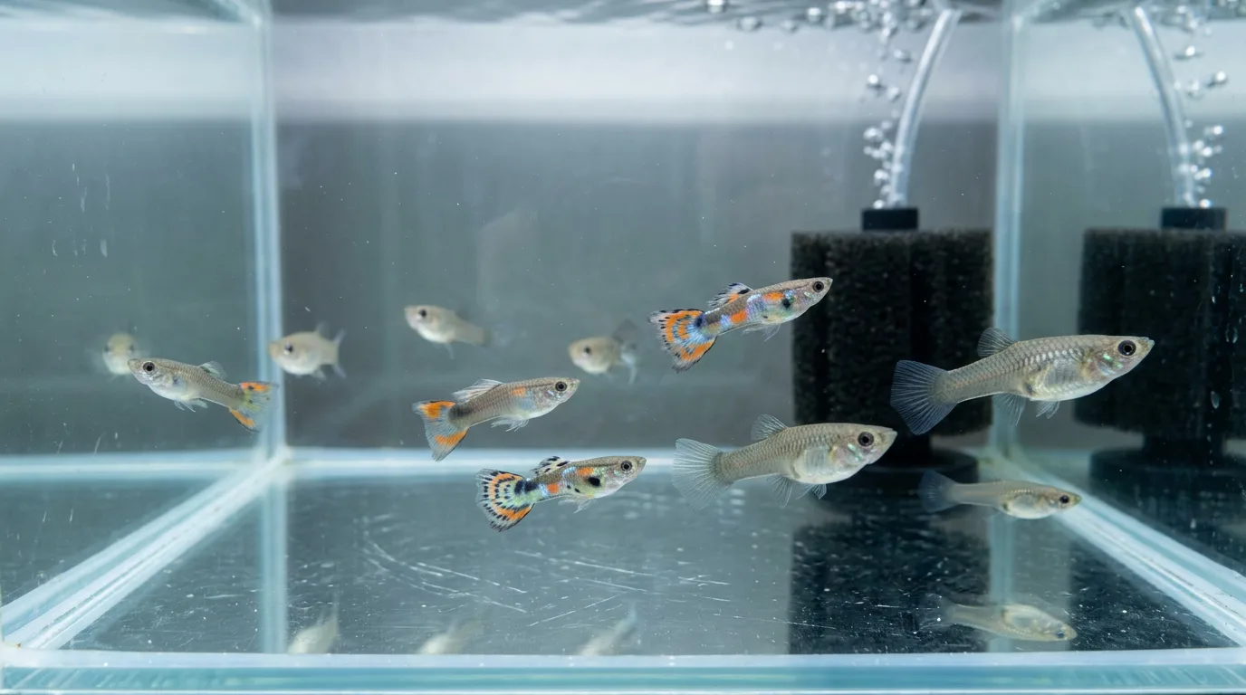 Juvenile guppies about six weeks old starting to show color in a bare-bottom grow-out tank