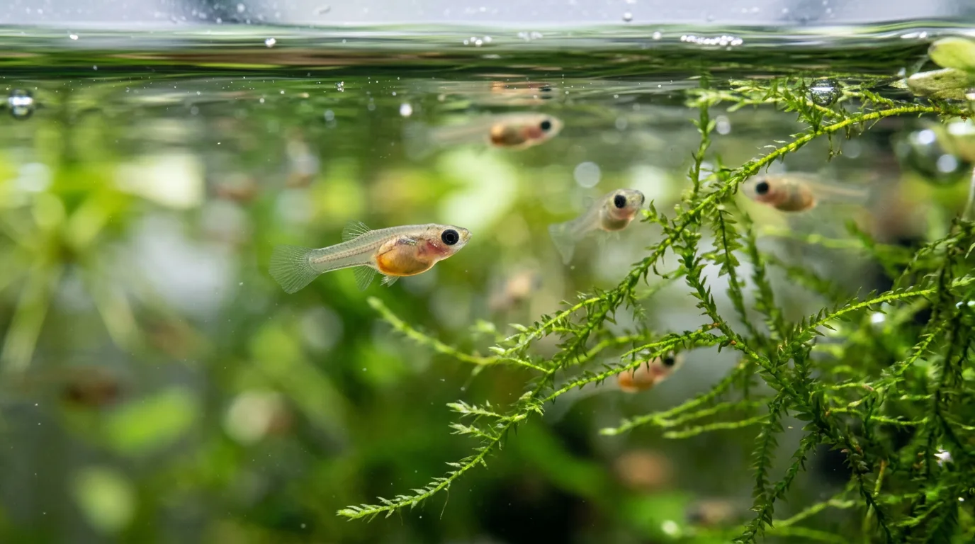 Newborn guppy fry with large eyes hiding in java moss near the water surface