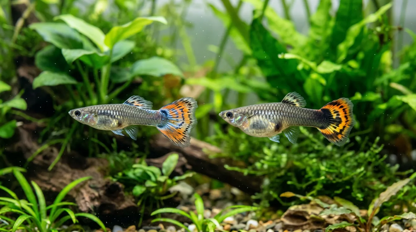 Guppy pregnant or fat comparison: a slim female guppy next to a heavily pregnant female with a boxy belly