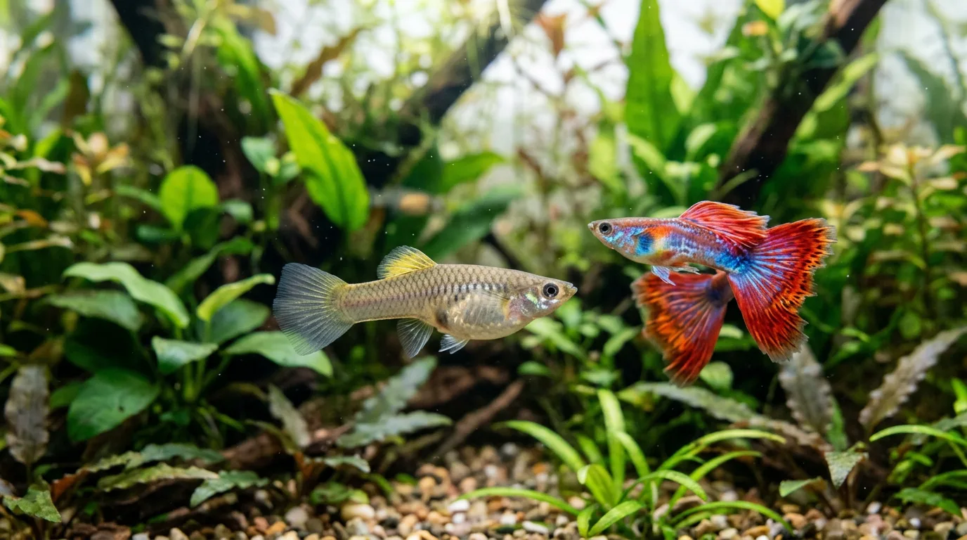 Well-fed female guppy with a slightly round belly swimming beside a colorful male guppy